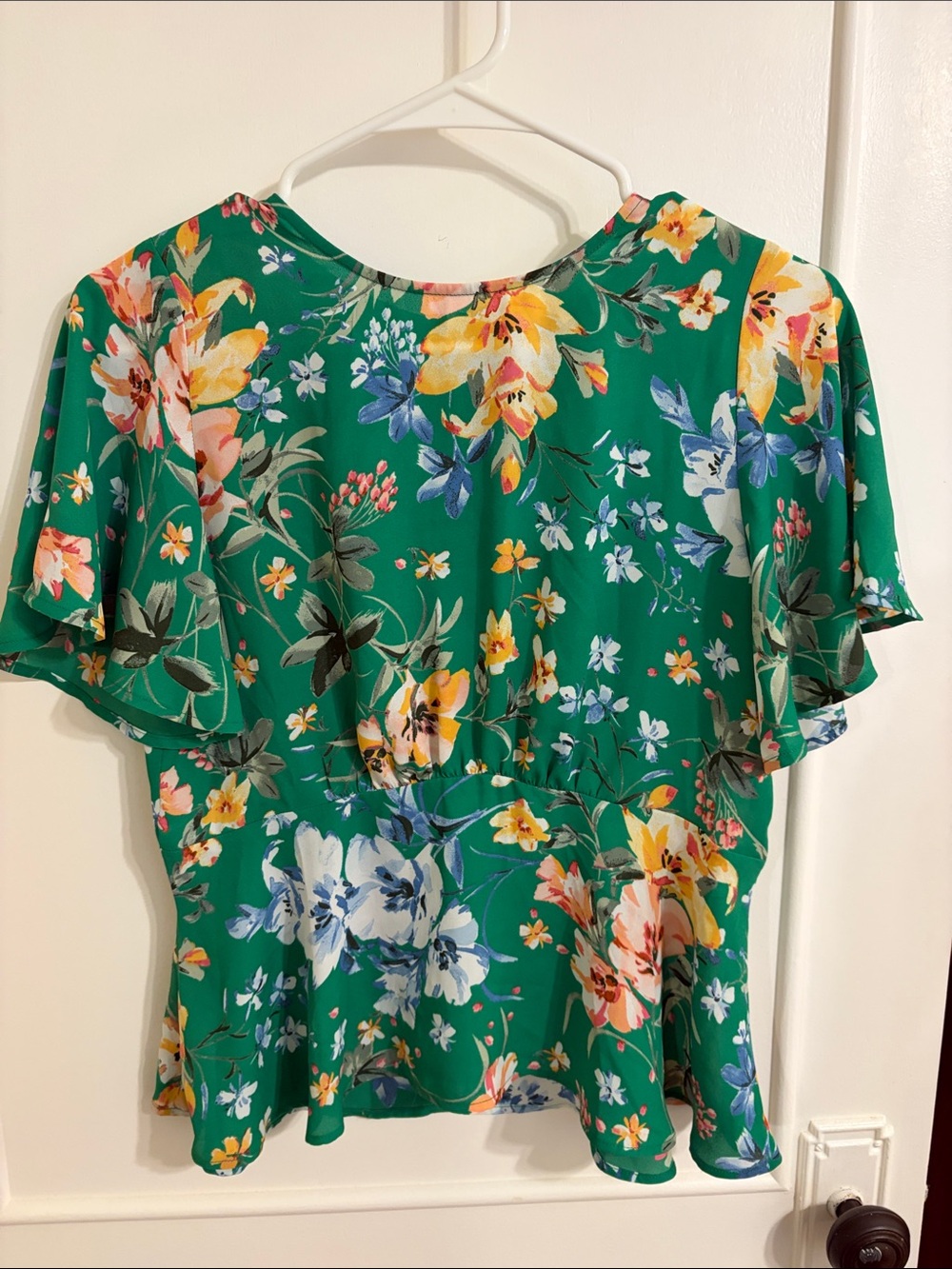 LOFT Green Floral Flutter-Sleeve Blouse